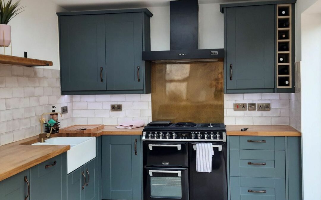 gloss finished copper splashback in grey green modern kitchen