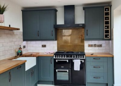 gloss finished copper splashback in grey green modern kitchen
