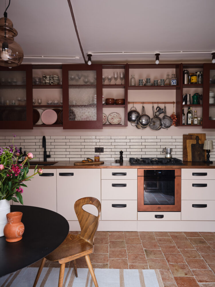 Aged copper worktop in a kitchen